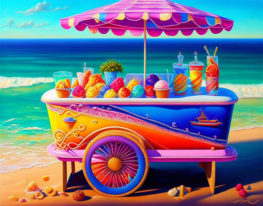 Colorful beach cart with fruits, drinks, and ice creams under a striped umbrella on sunny beach