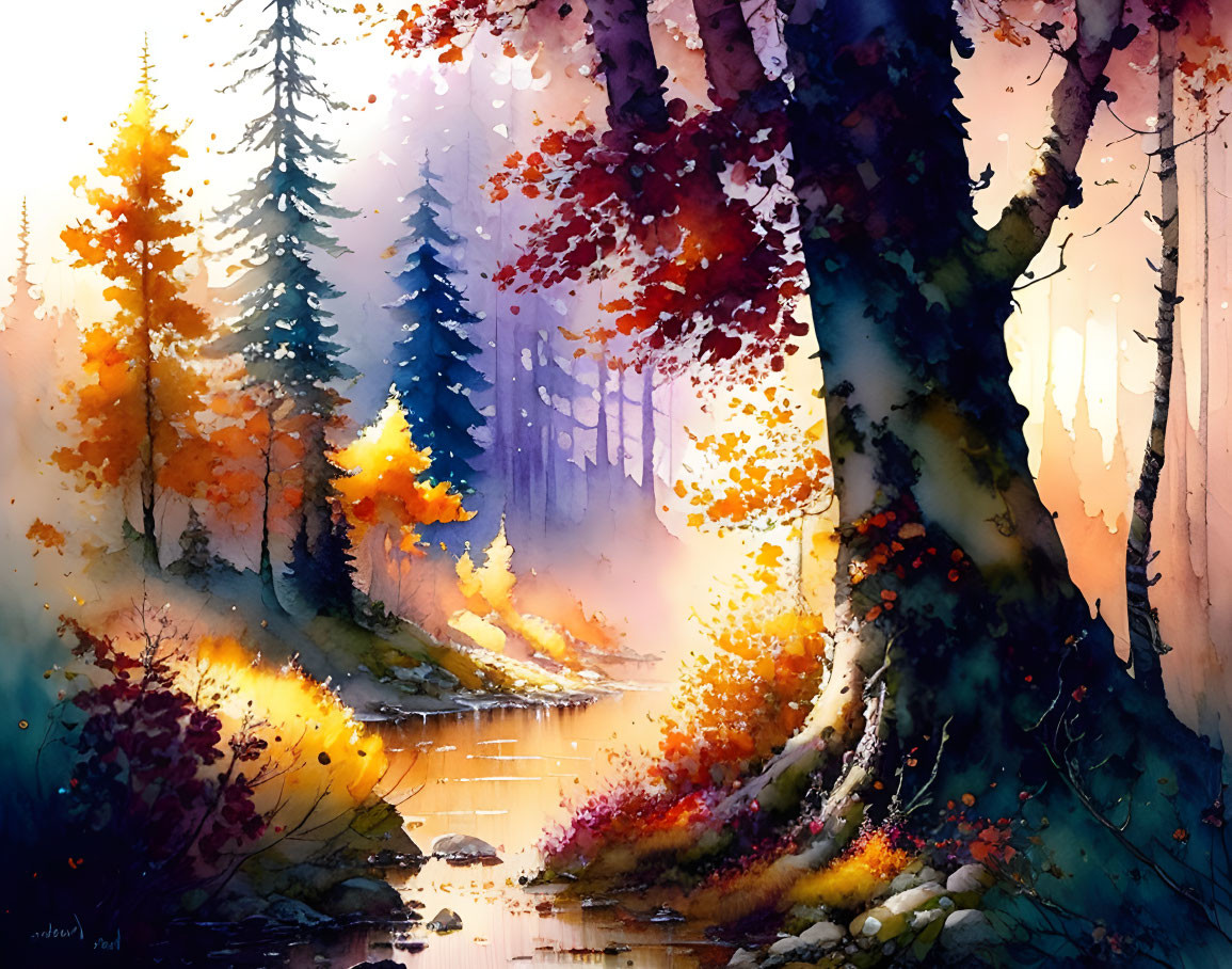 Colorful Autumnal Forest Watercolor Painting