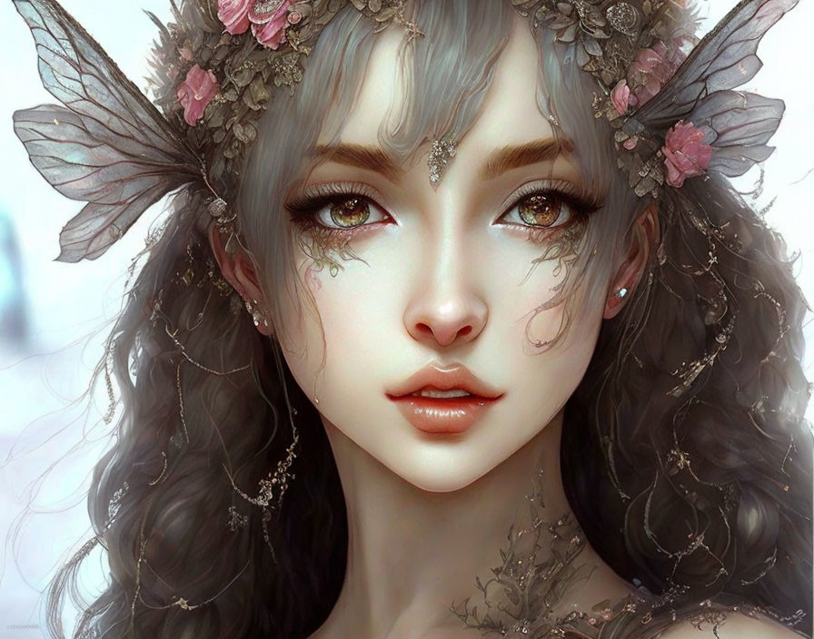 Digital art portrait of a woman with floral, butterfly adornments, expressive eyes, and intricate jewelry,