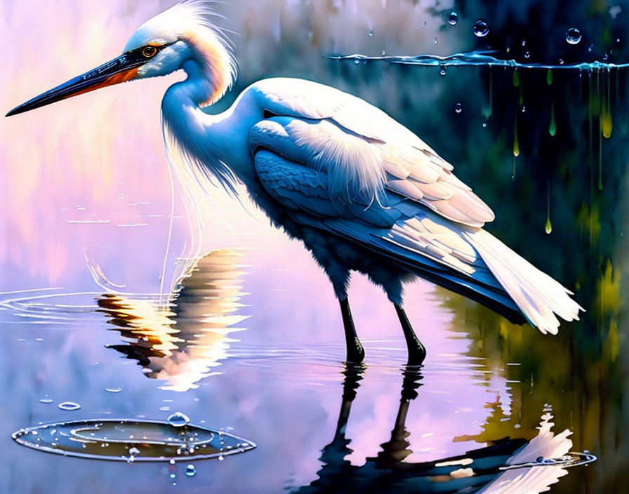 Great egret by water with reflection in soft purples and blues.