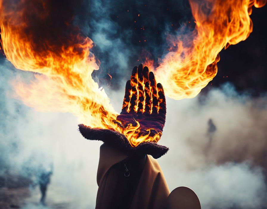 Person in coat with fiery hand and smoky backdrop