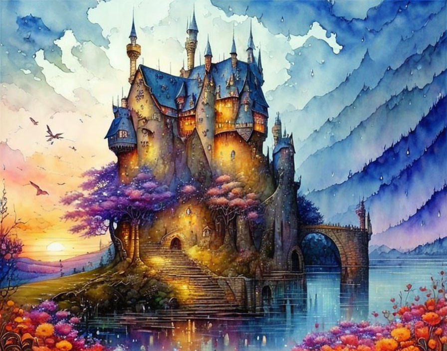 Fairytale castle illustration with glowing windows, blooming trees, bridge, and setting sun.