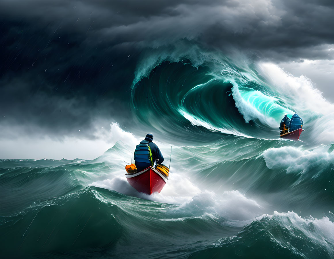 Boats and people navigating stormy, tumultuous sea