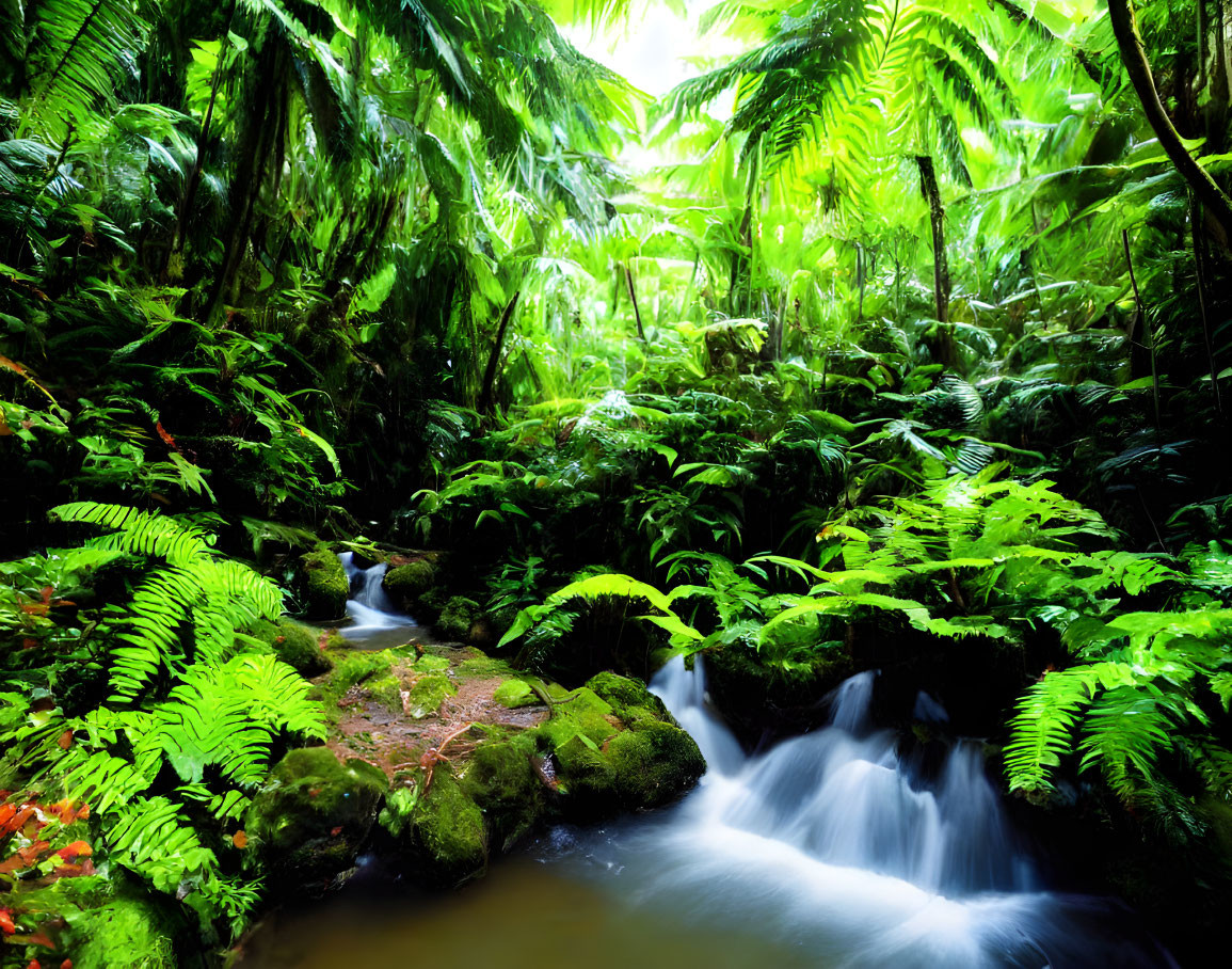 Tropical Rainforest with Vibrant Foliage and Mossy Stream