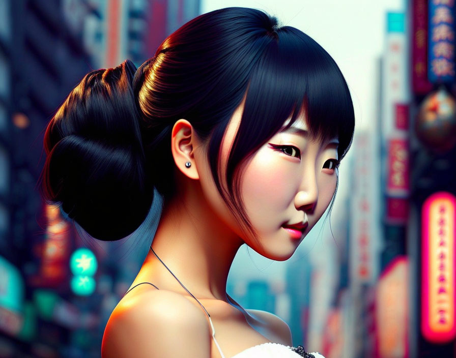 Digital artwork: Asian woman with sleek bun hairstyle, subtle makeup, and earrings against neon-lit city