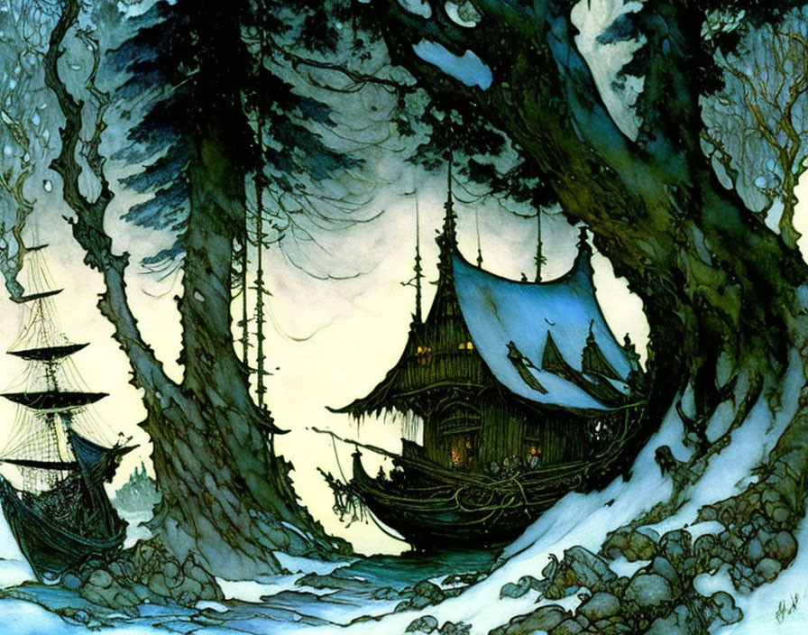 Fantasy illustration: Ship near traditional building in enchanted forest at twilight