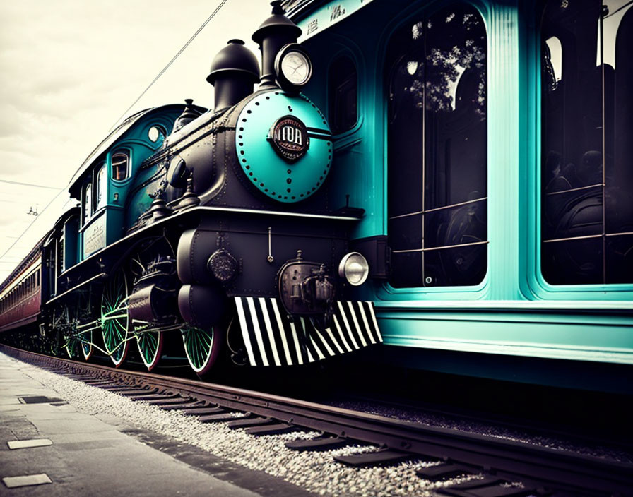 Vintage Steam Locomotive on Railway Tracks with Green and Black Coloring