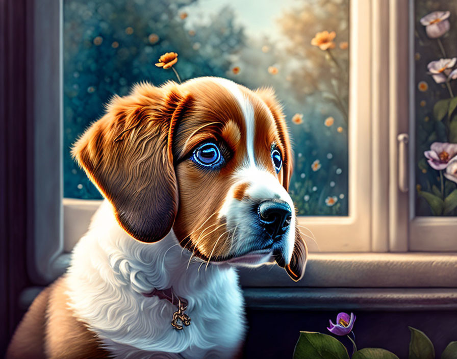 Adorable brown and white puppy with blue eyes by window and flowers