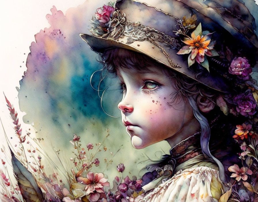 Illustration of young girl with floral hat in soft watercolor.