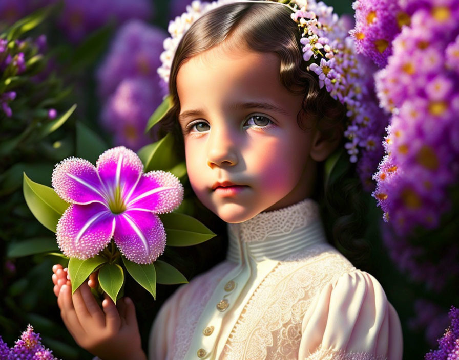 Young girl with floral crown holding vibrant pink flower in lush garden scene