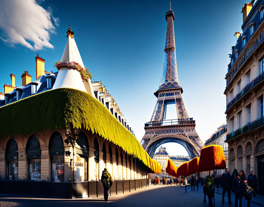 Eiffel Tower view from elegant street with colorful foliage