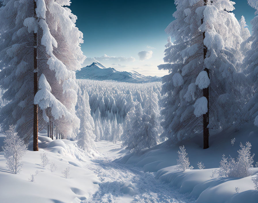 Snowy Forest Path: Winter Landscape with Mountains