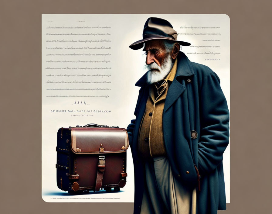 Elderly Bearded Gentleman in Hat and Coat with Briefcase and Text Backdrop