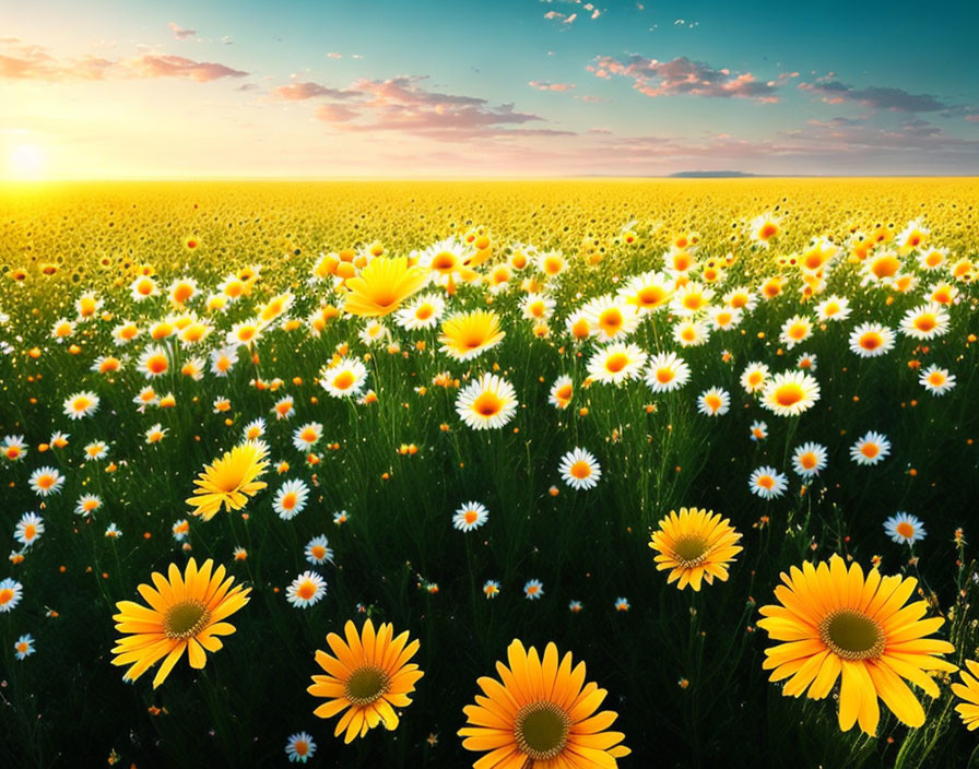 Scenic sunset sky over vibrant yellow and white daisies