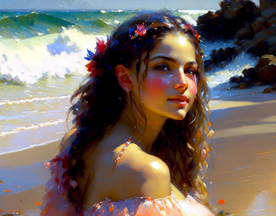 Digital artwork: Woman with flowers in hair on sunlit beach