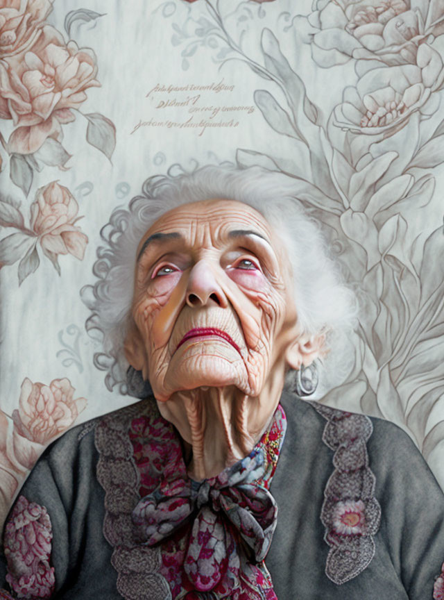 Elderly woman with grey hair against floral backdrop and stylized writing