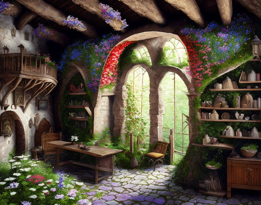 Rustic stone cottage interior with arched window, floral vines, wooden furniture, staircase, and