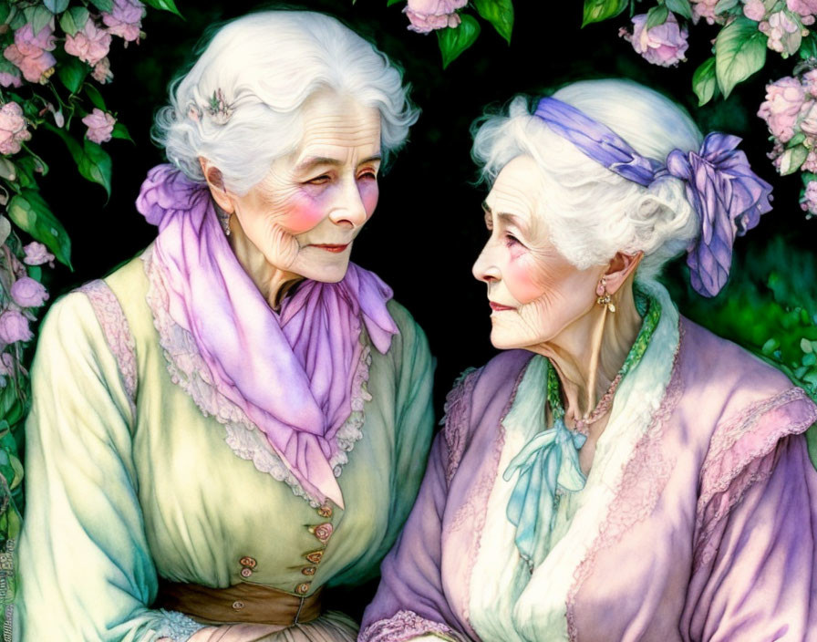 Elderly women in pastel dresses and headscarves among pink flowers