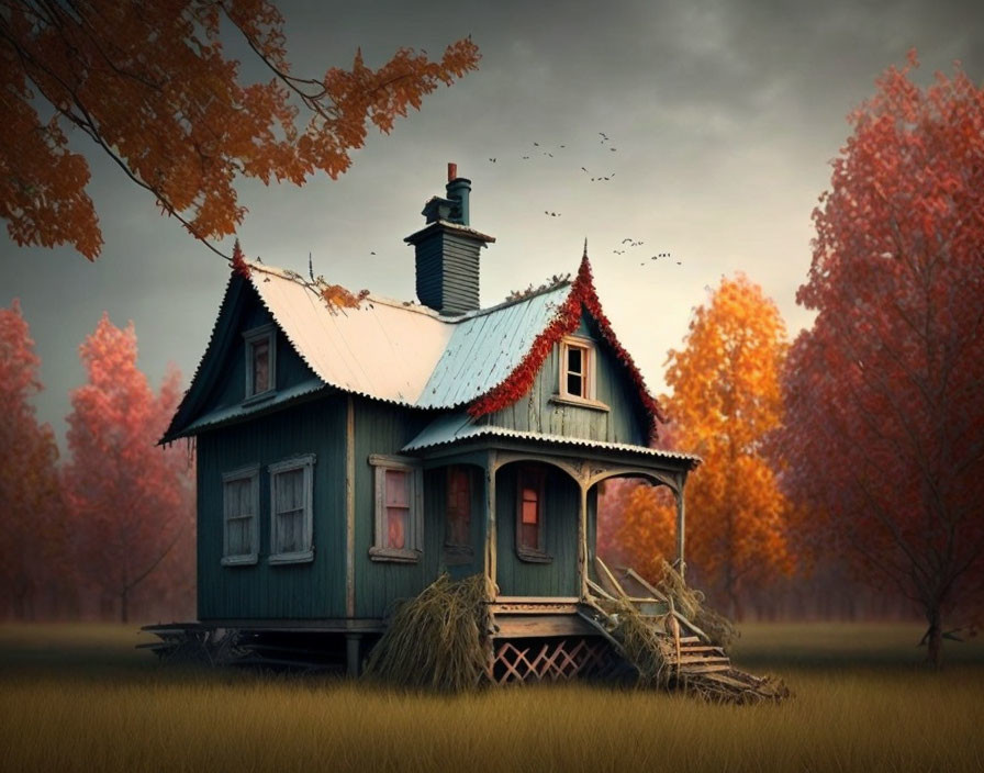 Blue House with Red Accents in Autumn Forest Clearing