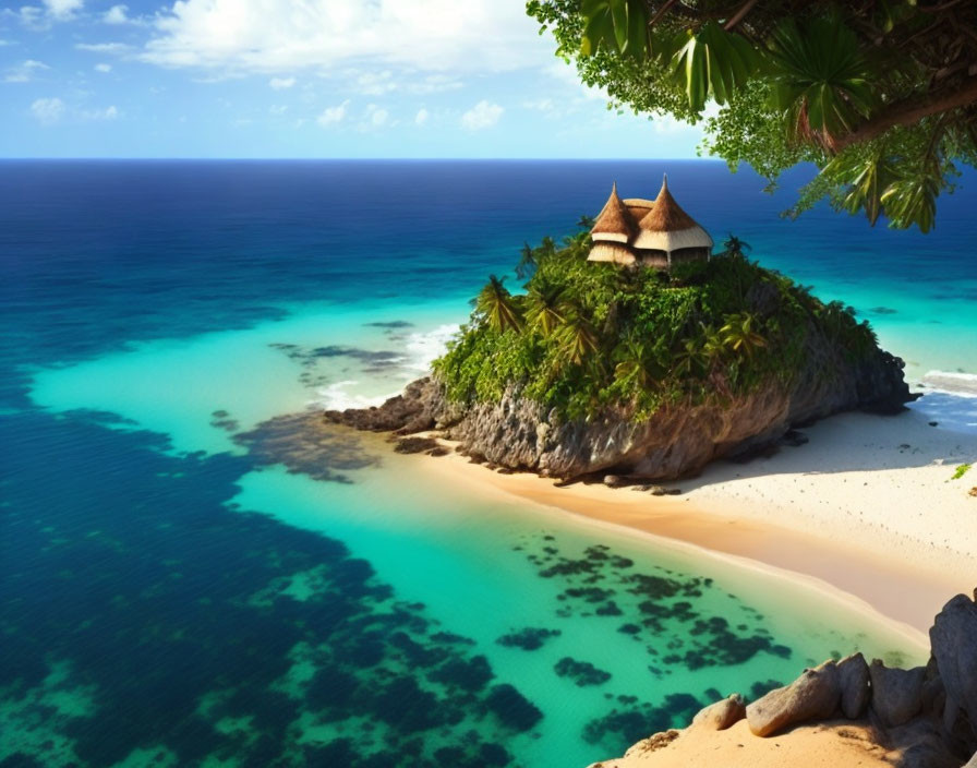 Tropical Island with Thatched Hut on Rocky Outcrop