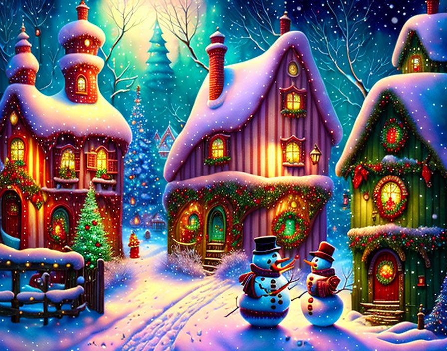 Colorful Snow-Covered Houses and Snowmen in Winter Scene