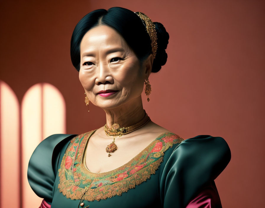 Traditional green dress and gold jewelry on elegant woman in bun hairstyle, set against warm background