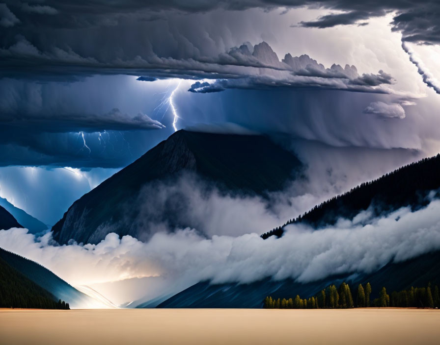 Thunderstorm with lightning over mountainous landscape.