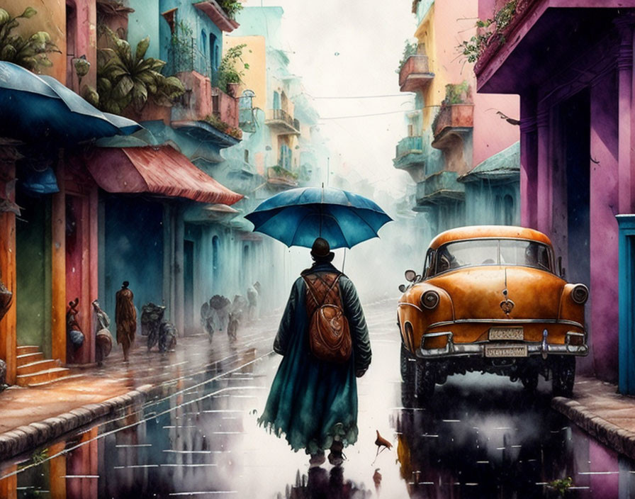 Pedestrian with umbrella on vibrant rainy street with classic car.