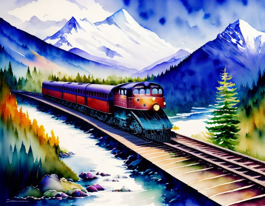 Scenic watercolor painting: train on bridge in mountain landscape