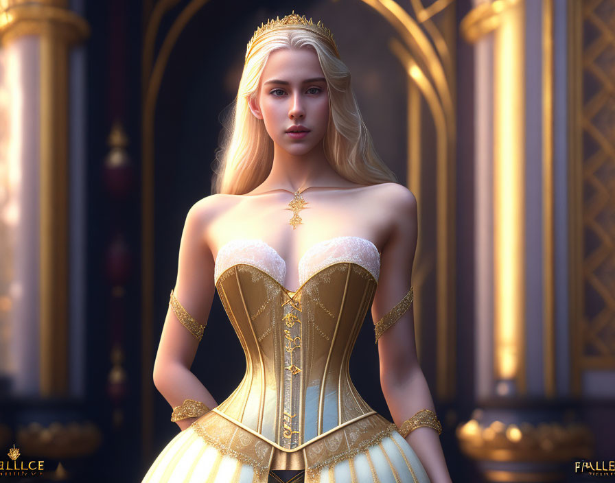 Blonde woman in regal attire against ornate background