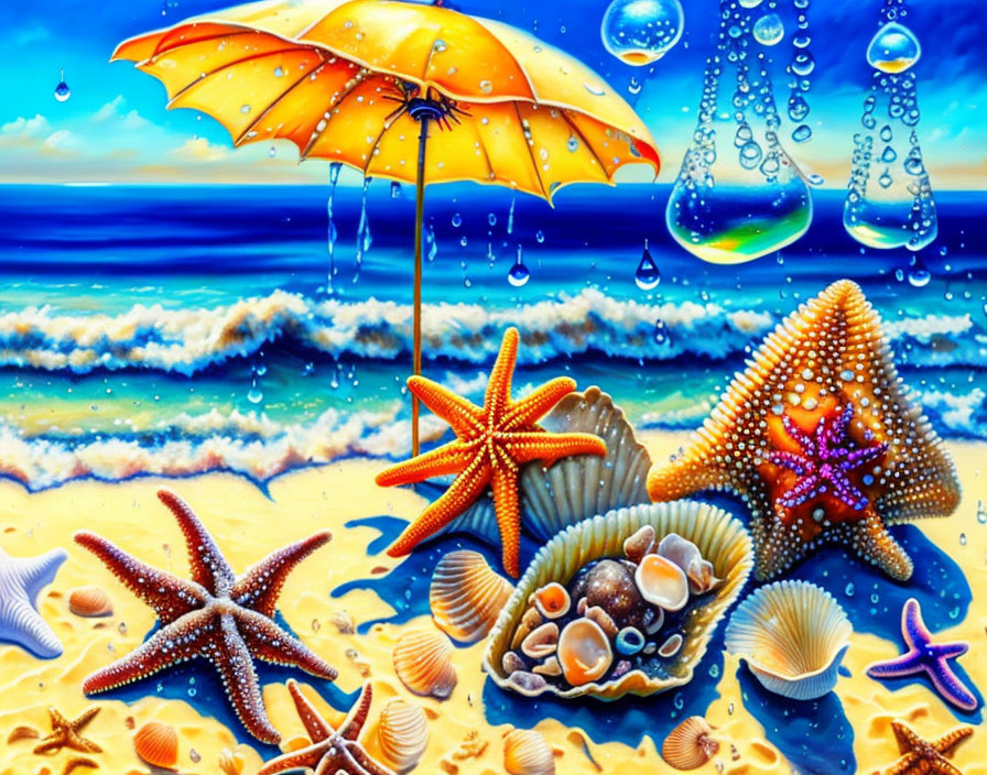 Colorful Beach Scene with Starfish, Seashells, Umbrella, and Bubbles