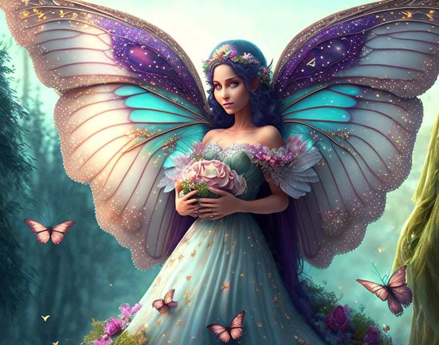 Fantastical image: Woman with butterfly wings in magical forest