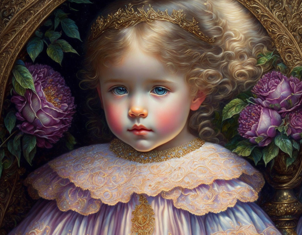 Detailed Painting: Young Girl with Blue Eyes in Victorian Dress Surrounded by Purple Flowers