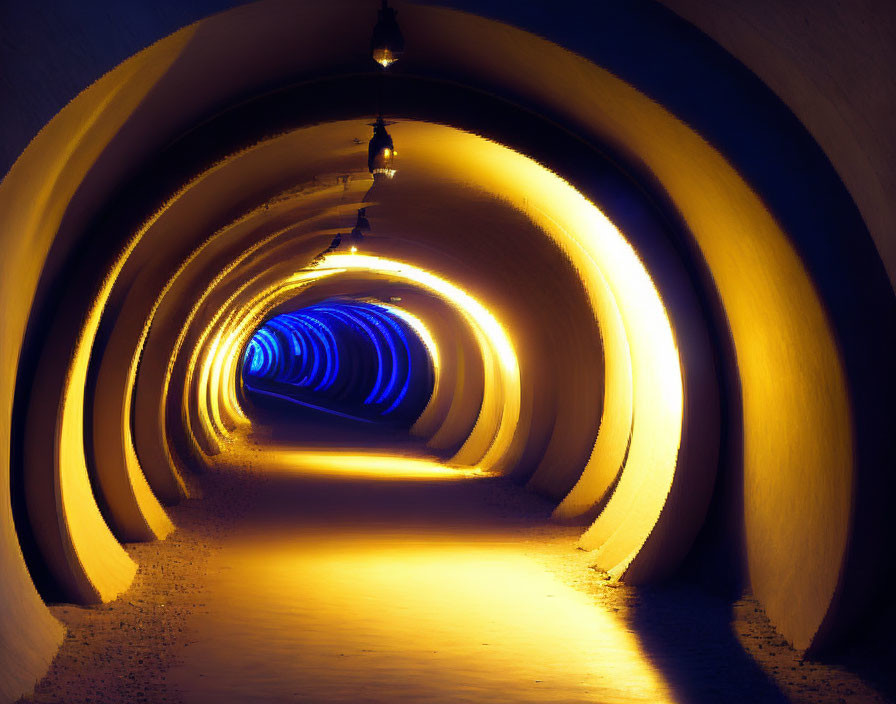 Curved Tunnel with Warm Yellow and Cool Blue Lighting