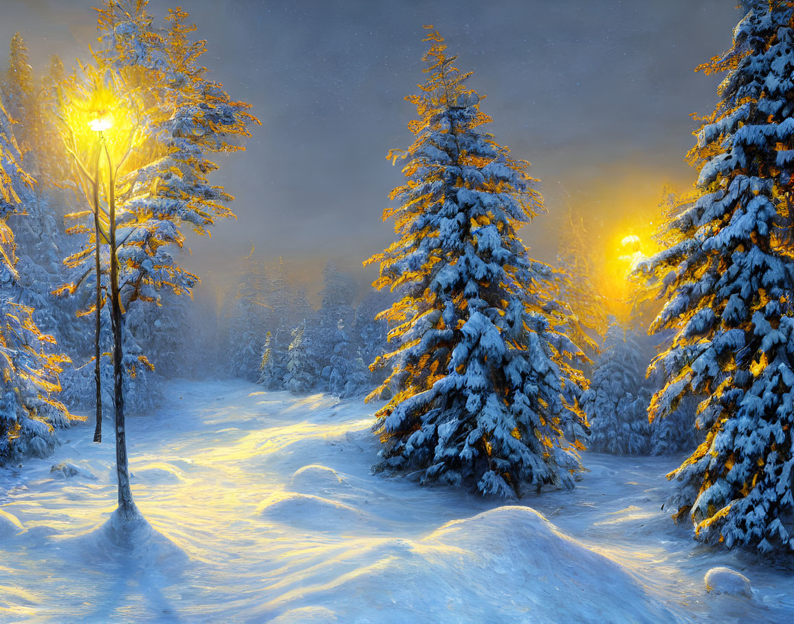 Twilight snow-covered landscape with glowing street lamp and pine trees