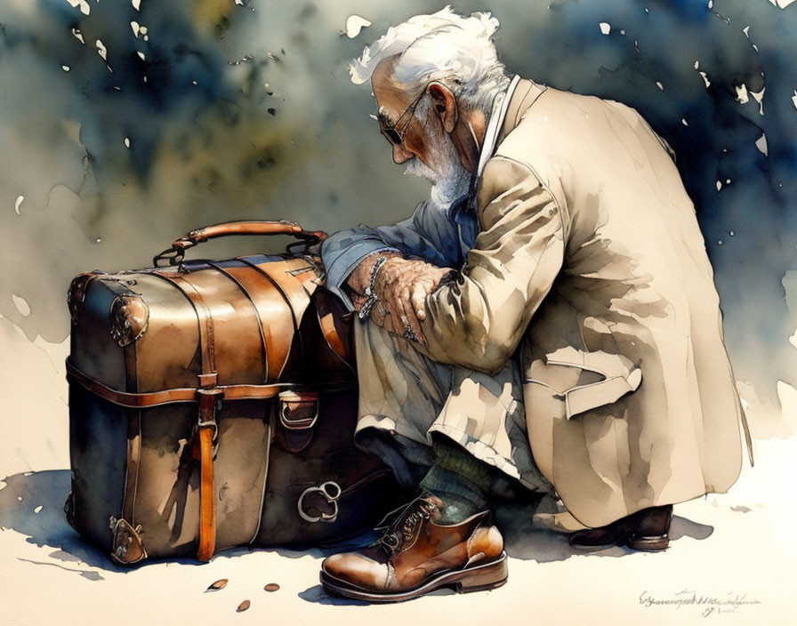 Elderly man with beard and glasses resting on suitcase in watercolor