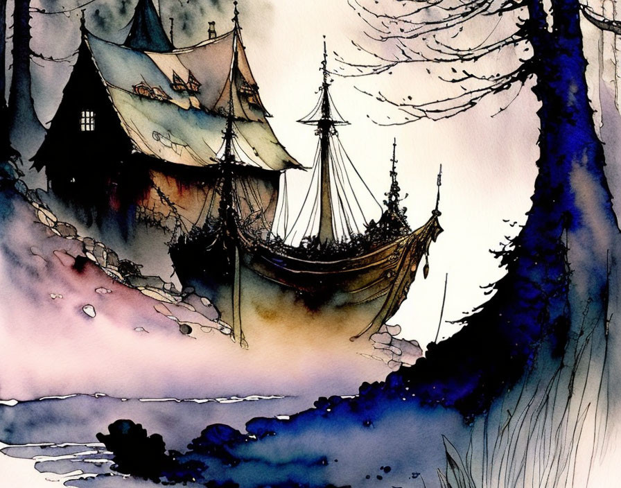 Fantastical watercolor illustration of ship in ethereal forest