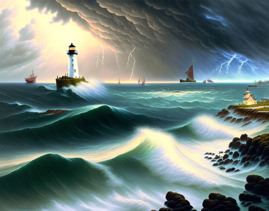 Stormy Seascape with Lighthouse, Lightning, and Ships