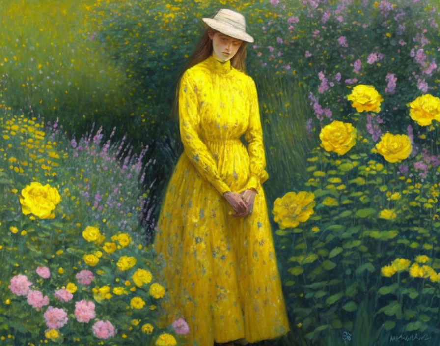 Woman in Yellow Dress and Straw Hat Surrounded by Vibrant Field of Flowers