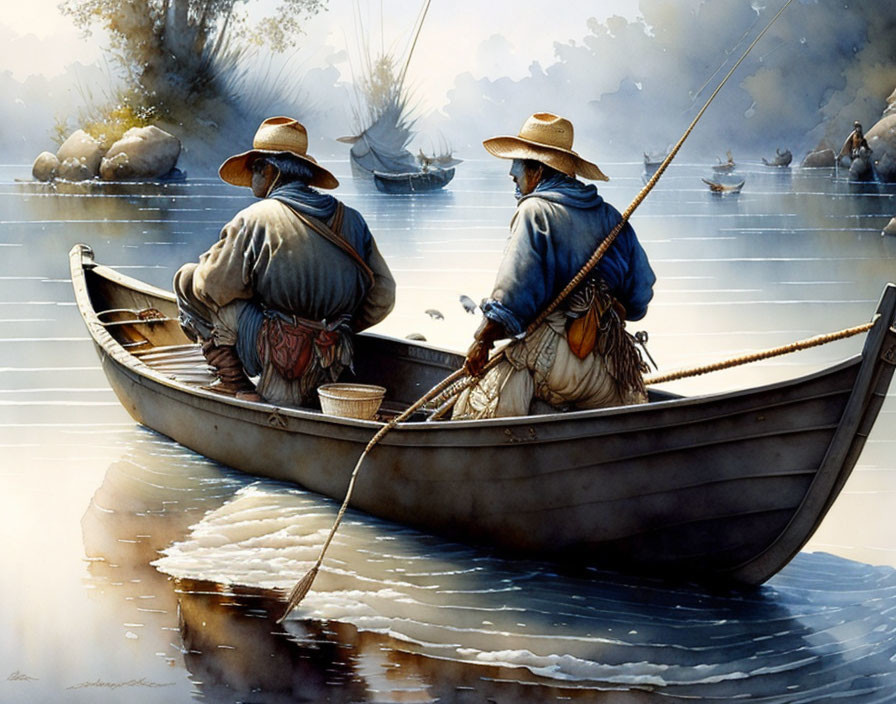 Traditional attire figures fishing in canoe on tranquil river with mist - serene natural backdrop