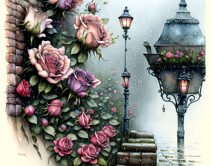 Romantic cobblestone alley with rain, roses, and vintage street lamps