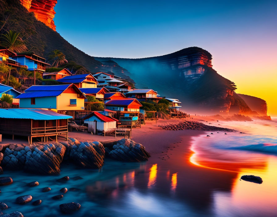 Colorful Coastal Sunset with Misty Cliffs & Reflective Beach