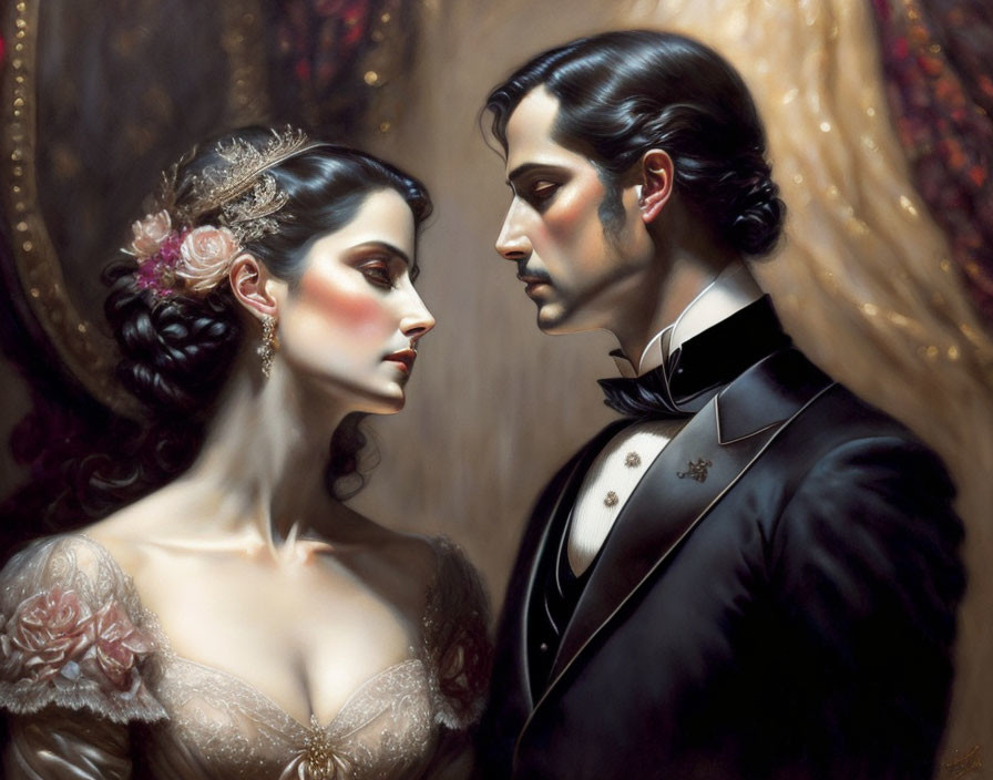 Victorian-era couple in elegant attire gazing lovingly