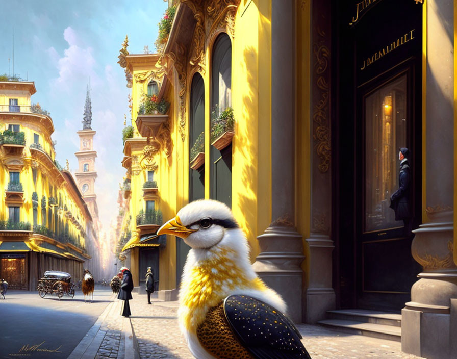 Surreal street scene with large bird, stylish architecture, and glowing ambiance