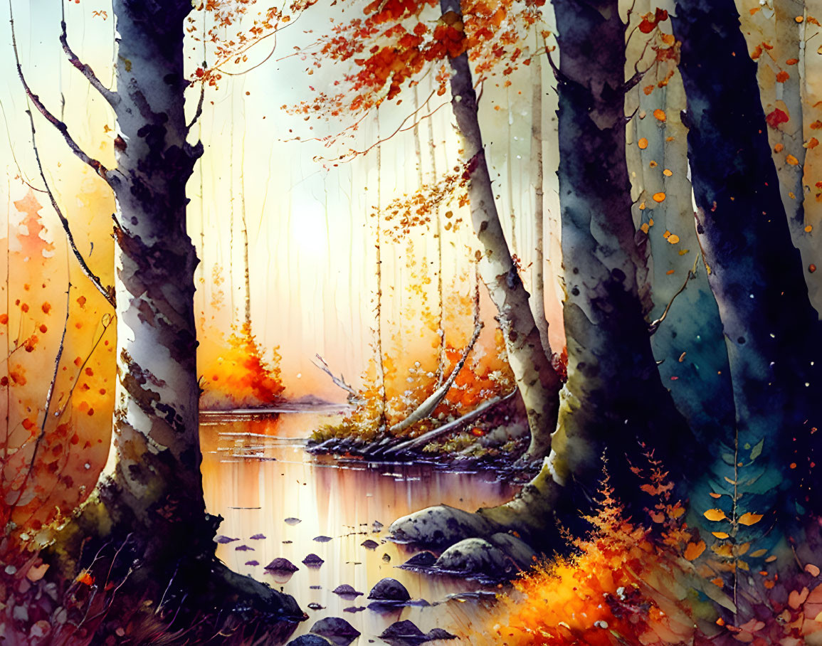 Tranquil autumn forest with warm colors, pond, orange leaves, sunlight.