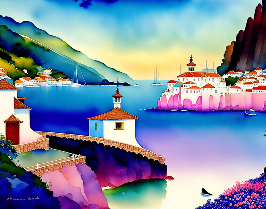 Colorful Mediterranean coastal village illustration with boats, lighthouse, and flowers