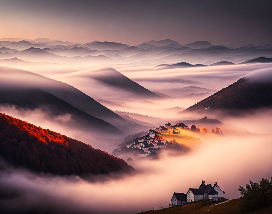 Misty sunrise over valley with layered hills and houses