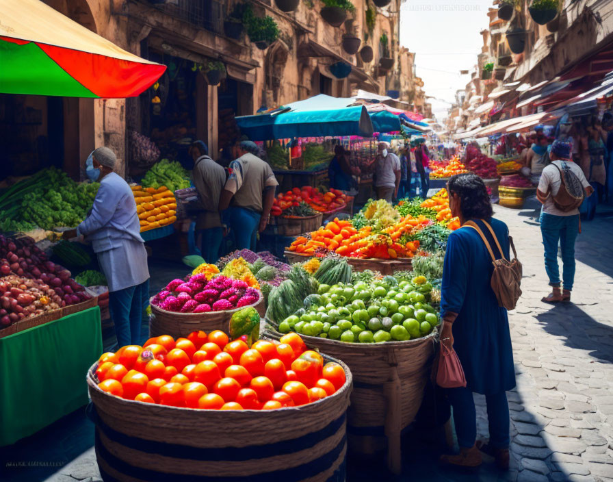 Colorful Fruit and Vegetable Stalls at Vibrant Street Market