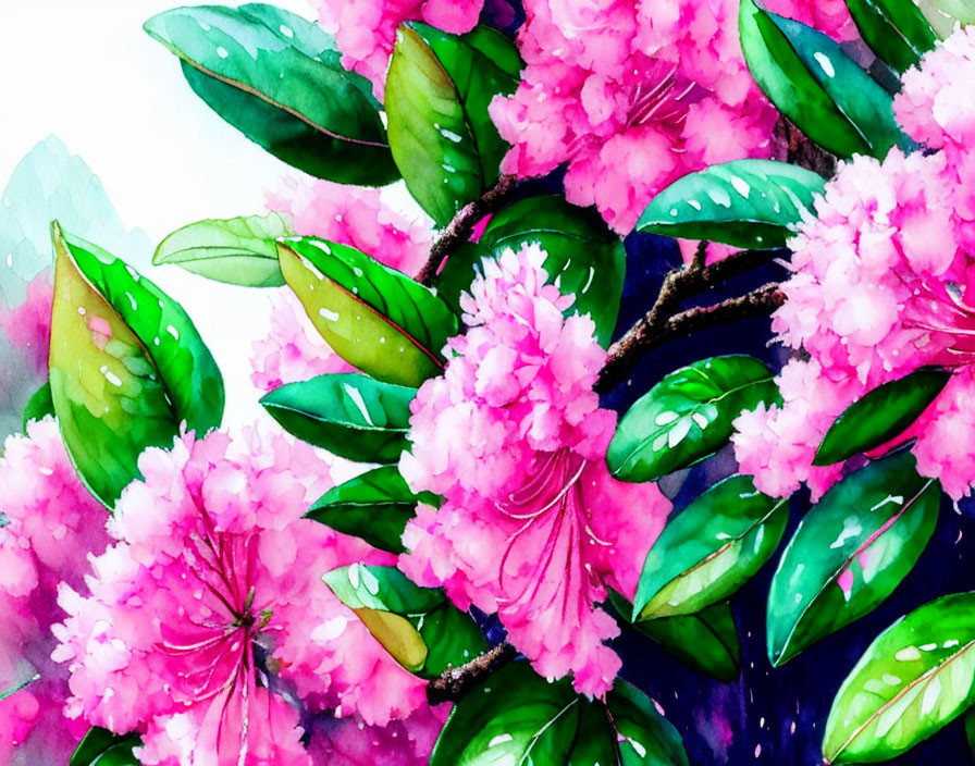 Colorful Watercolor Painting of Pink Flowers and Green Leaves