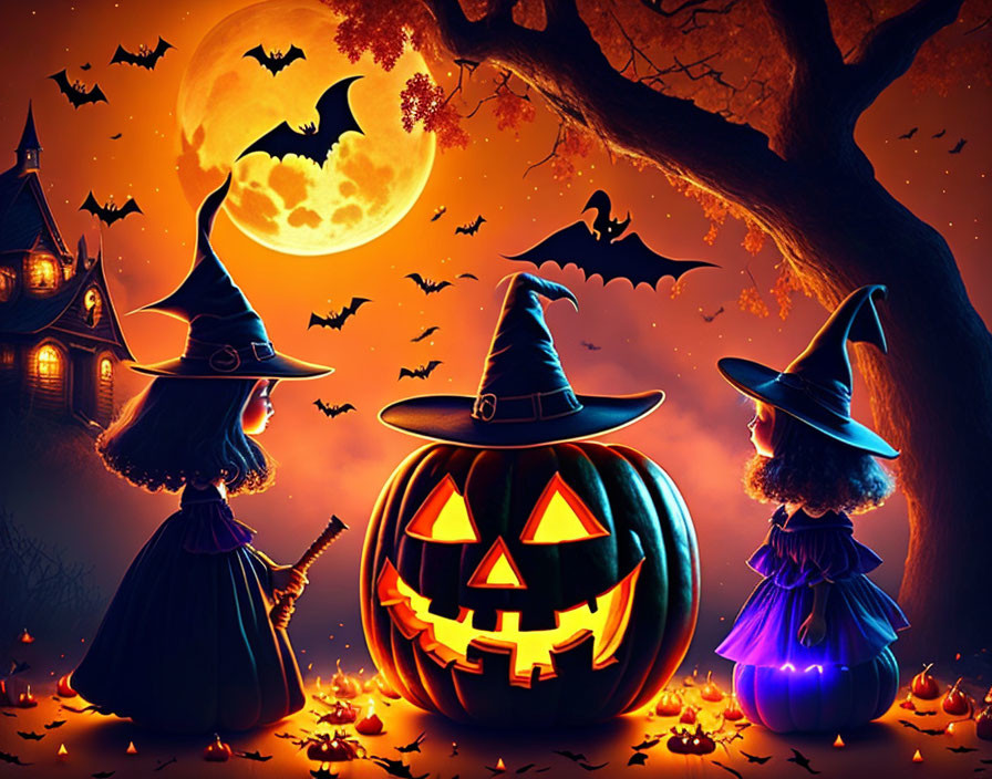 Three witches, jack-o'-lantern, bats, full moon, haunted house in Halloween scene